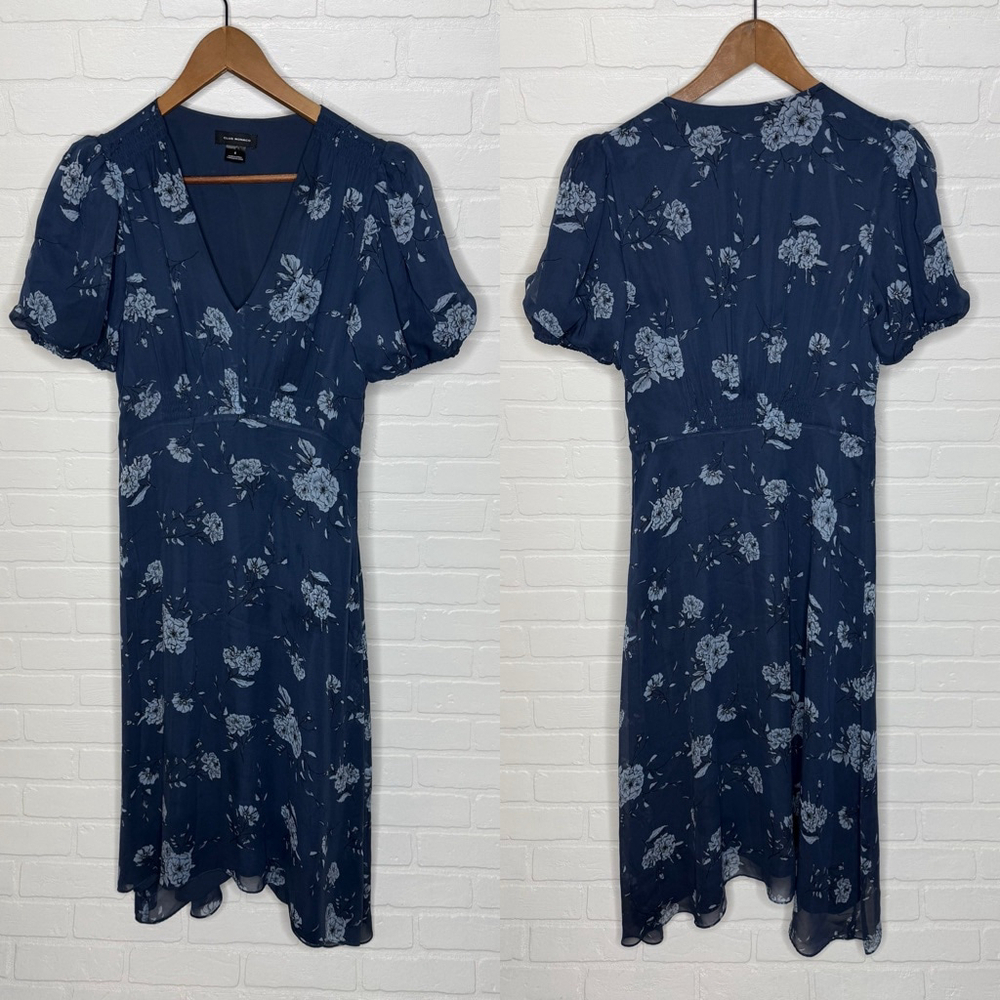 Club Monaco Silk V-Neck Puff Sleeve Dress Navy Floral sz 6 - Picture 2 of 8